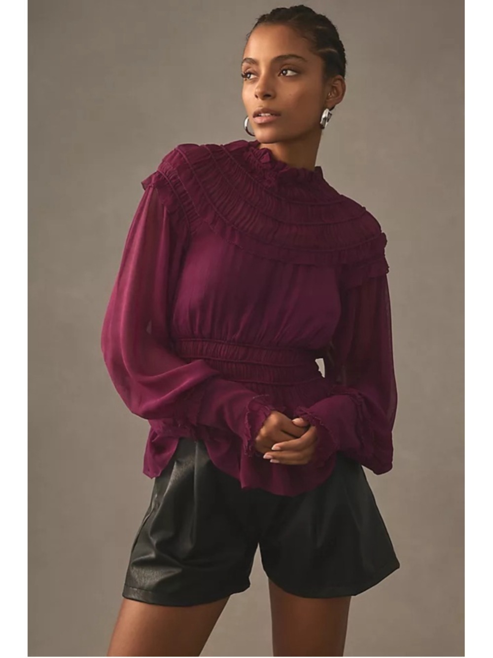 Women's FARM Rio Burgundy Ruffled Mock Neck Blouse S